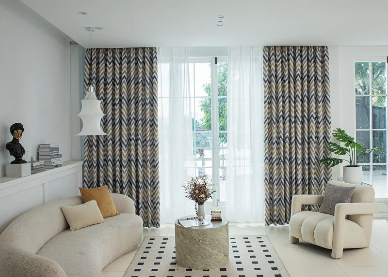 To'lqin naqshli Chop bilan tariq zig'ir parda mato